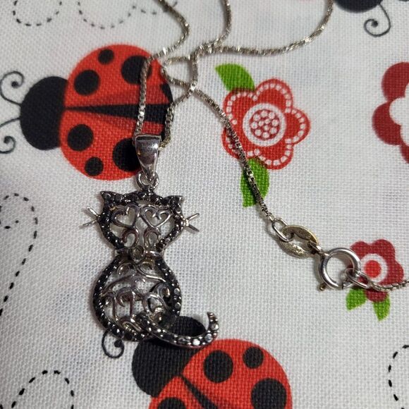 Black Diamond Accented Silver Filigree Cat Pendant Necklace - Picture 2 of 9